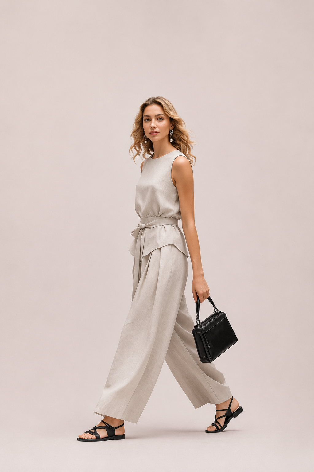 Sleeveless Tie-Waist Top and Wide Leg Pants Set