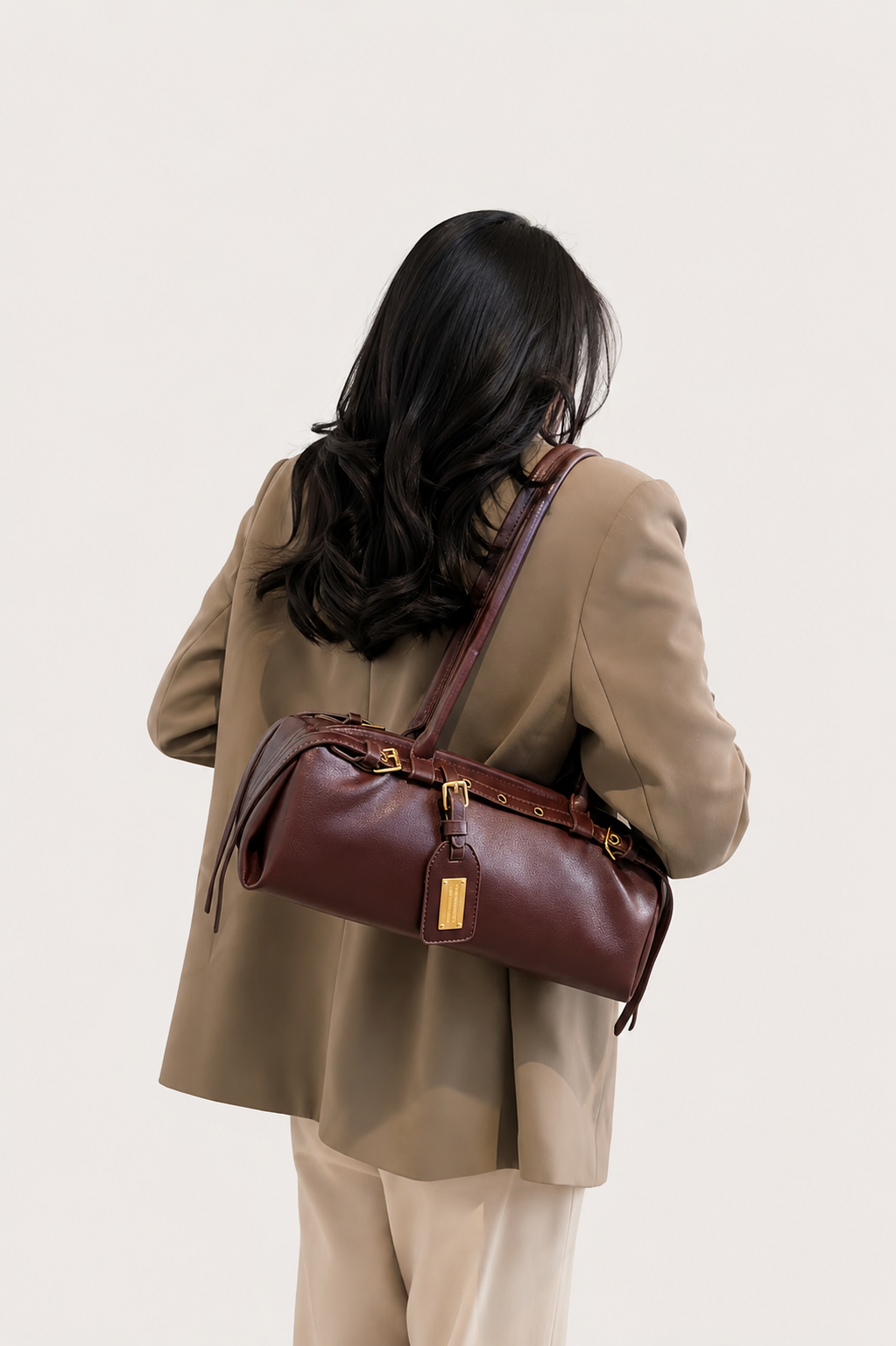 Women’s Structured Shoulder Handbag with Belt Detail and Zipper Closure