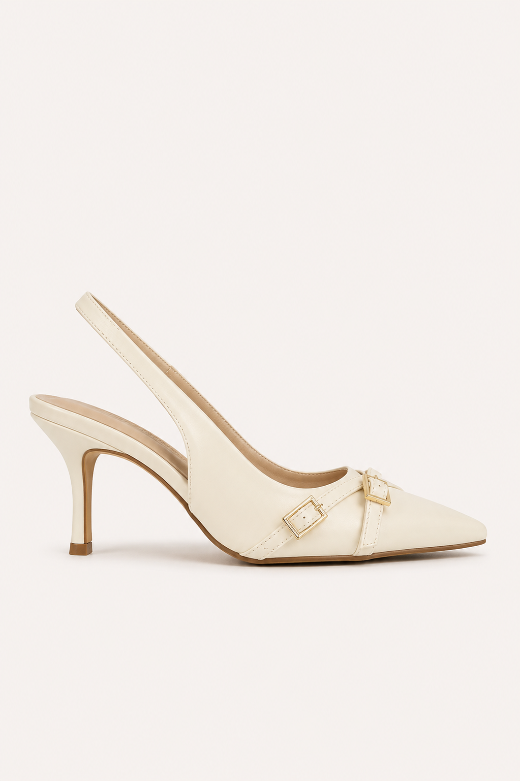 Women’s Pointed Toe Kitten Heel Slingback Pumps with Buckle Detail