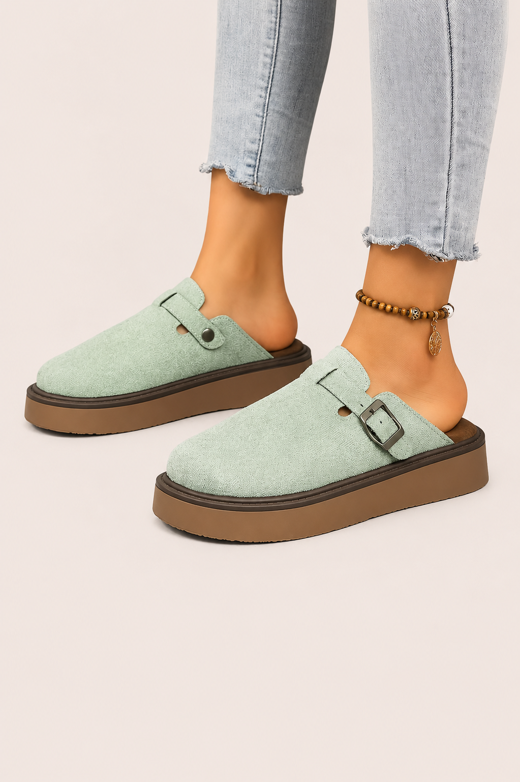 Women’s Closed-Toe Platform Slip-On Clogs with Buckle Detail
