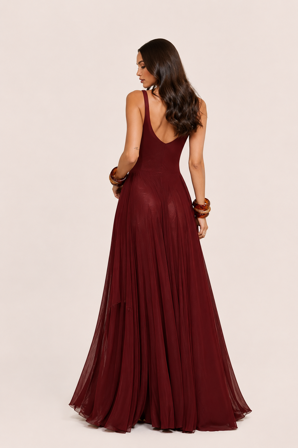 Women’s Sleeveless Deep V-Neck Maxi Dress with Sheer Overlay