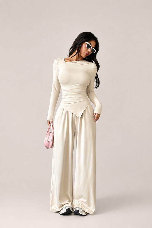 Long Sleeve Asymmetric Top and Wide Leg Pants Set