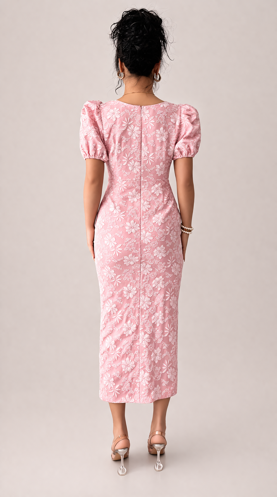 Women’s Floral Jacquard Midi Dress with Square Neck