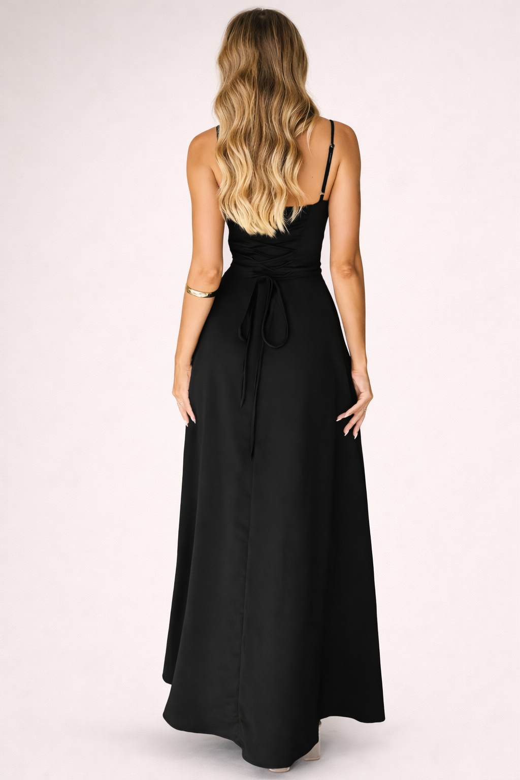 Women’s Black Backless Tie-Waist Maxi Dress