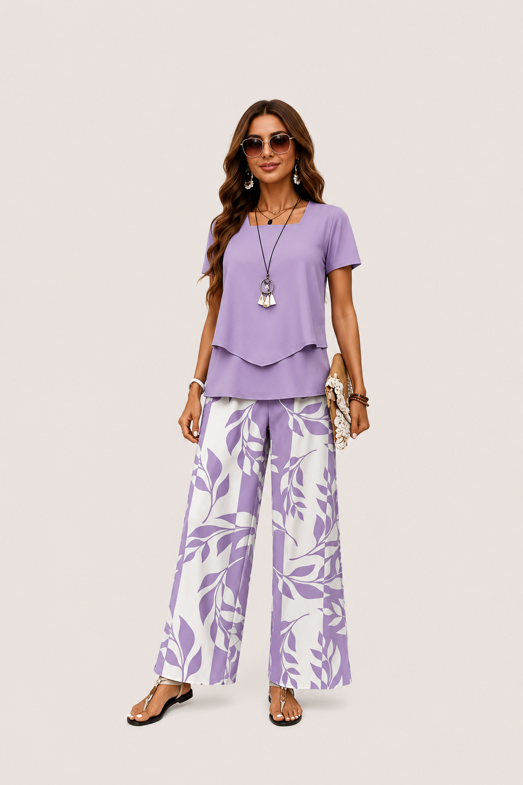 Women’s Short Sleeve Top and Printed Wide Leg Pants Set