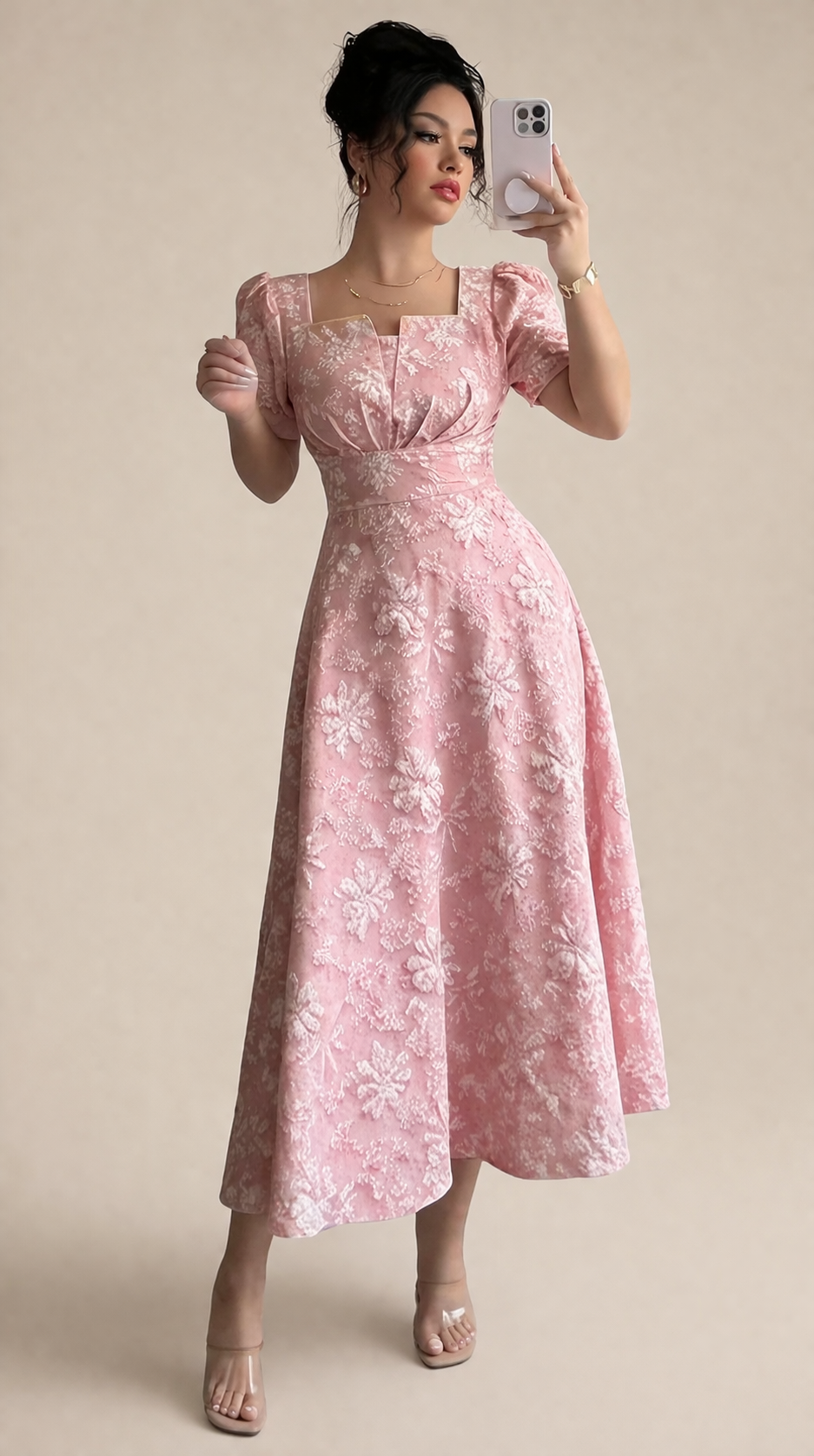 Pink Jacquard Midi Dress with Square Neck and Puff Sleeves