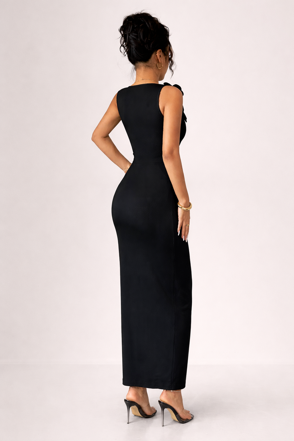 Women’s Black Midi Dress with Floral Strap Detail