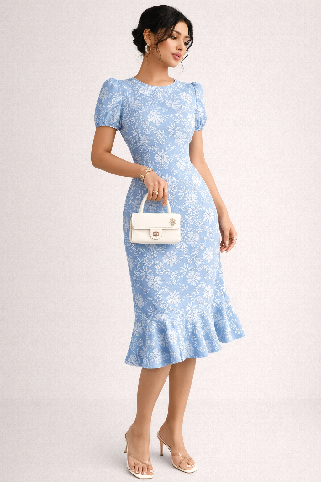 Women’s Light Blue Floral Midi Dress with Puff Sleeves