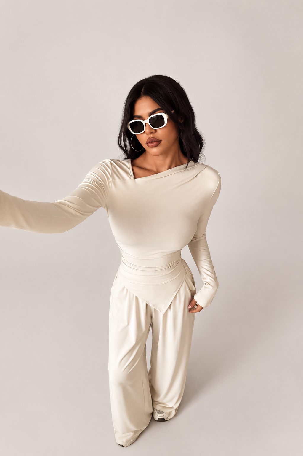 Long Sleeve Asymmetric Top and Wide Leg Pants Set