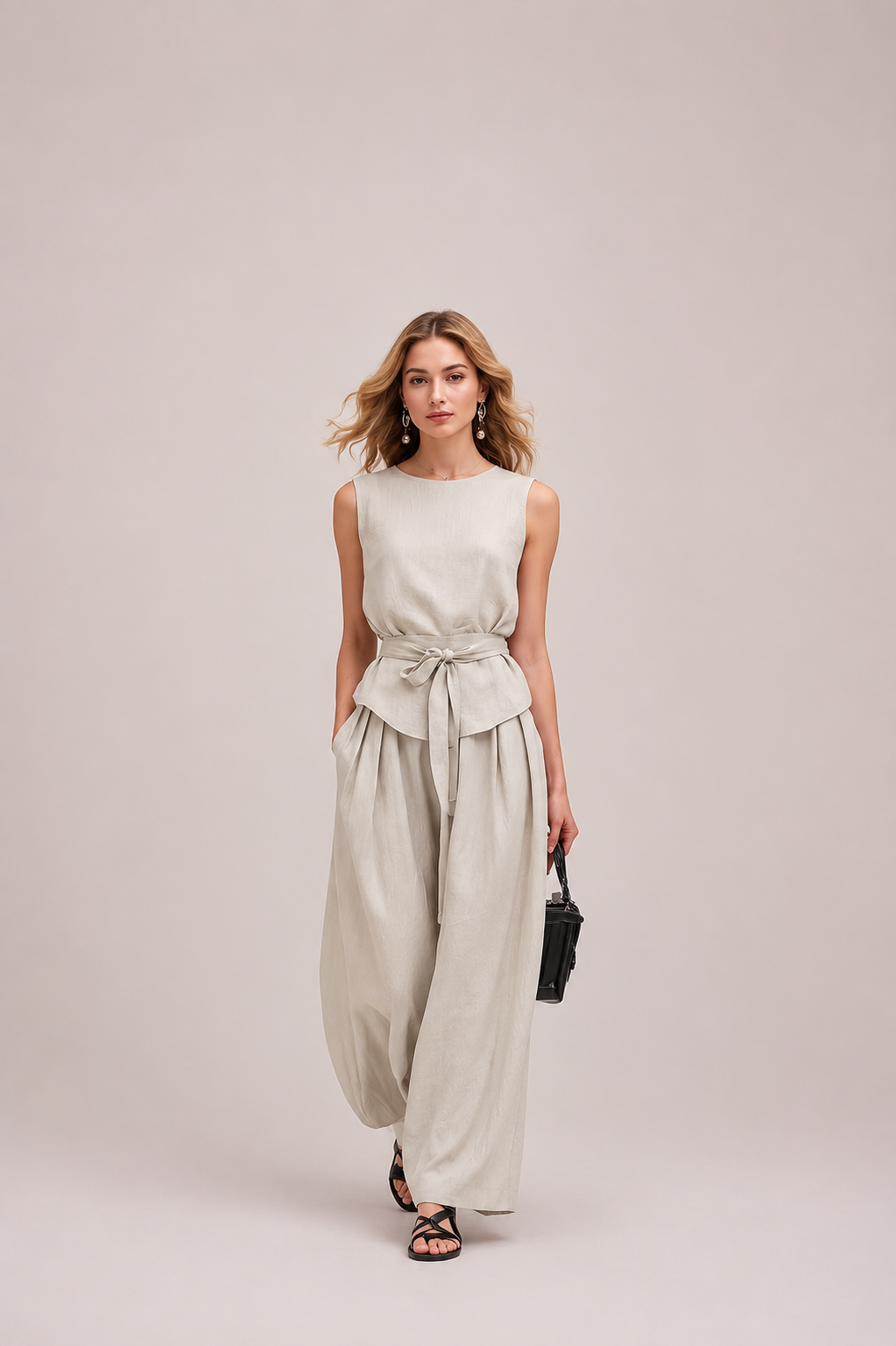 Sleeveless Tie-Waist Top and Wide Leg Pants Set
