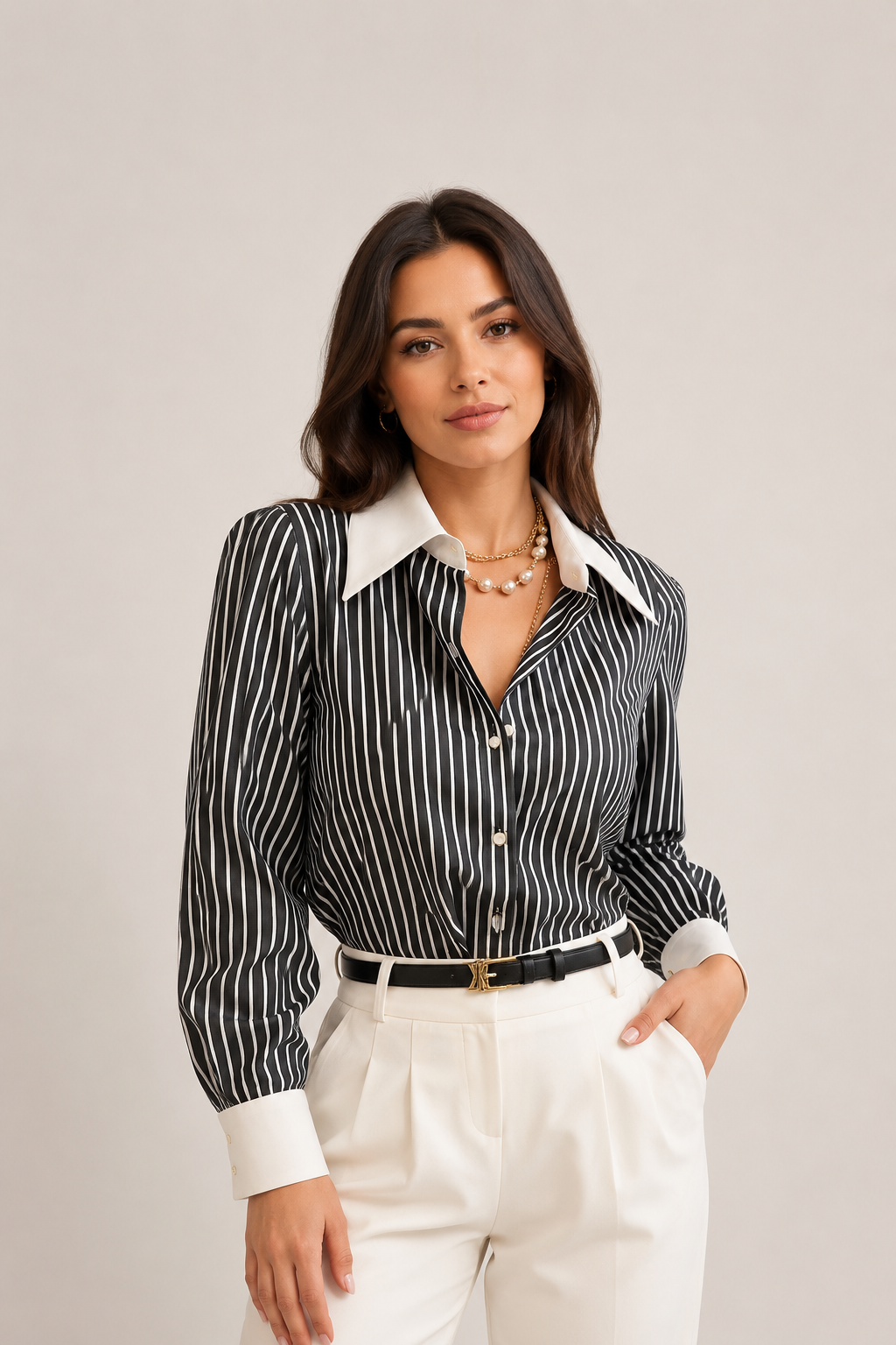 Women’s Striped Button-Up Shirt with Contrast Collar