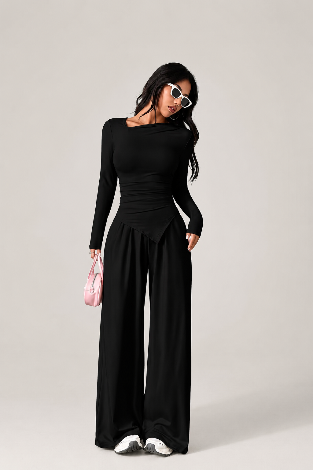 Long Sleeve Asymmetric Top and Wide Leg Pants Set