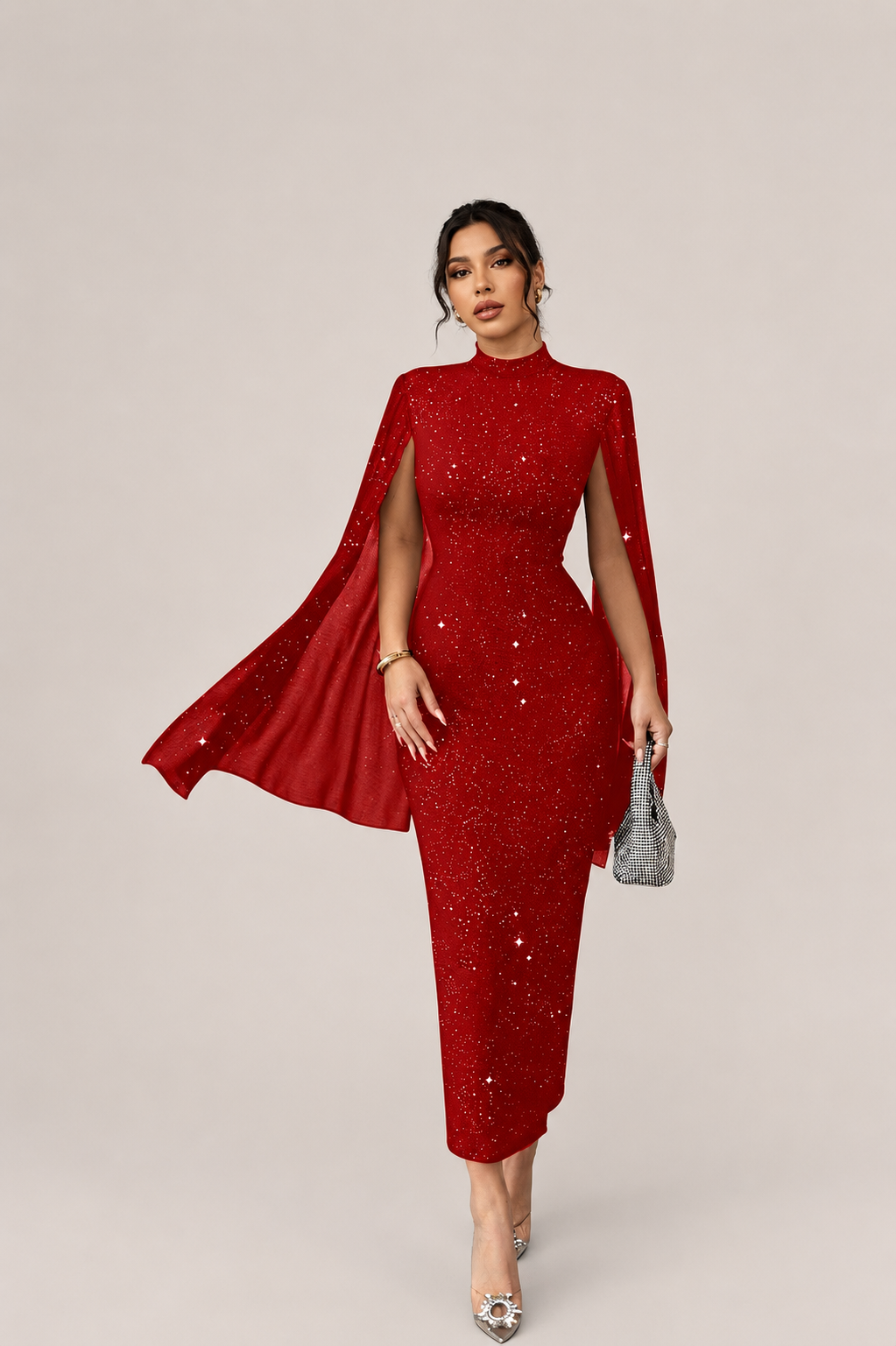 Women’s Glitter Stand Collar Midi Dress