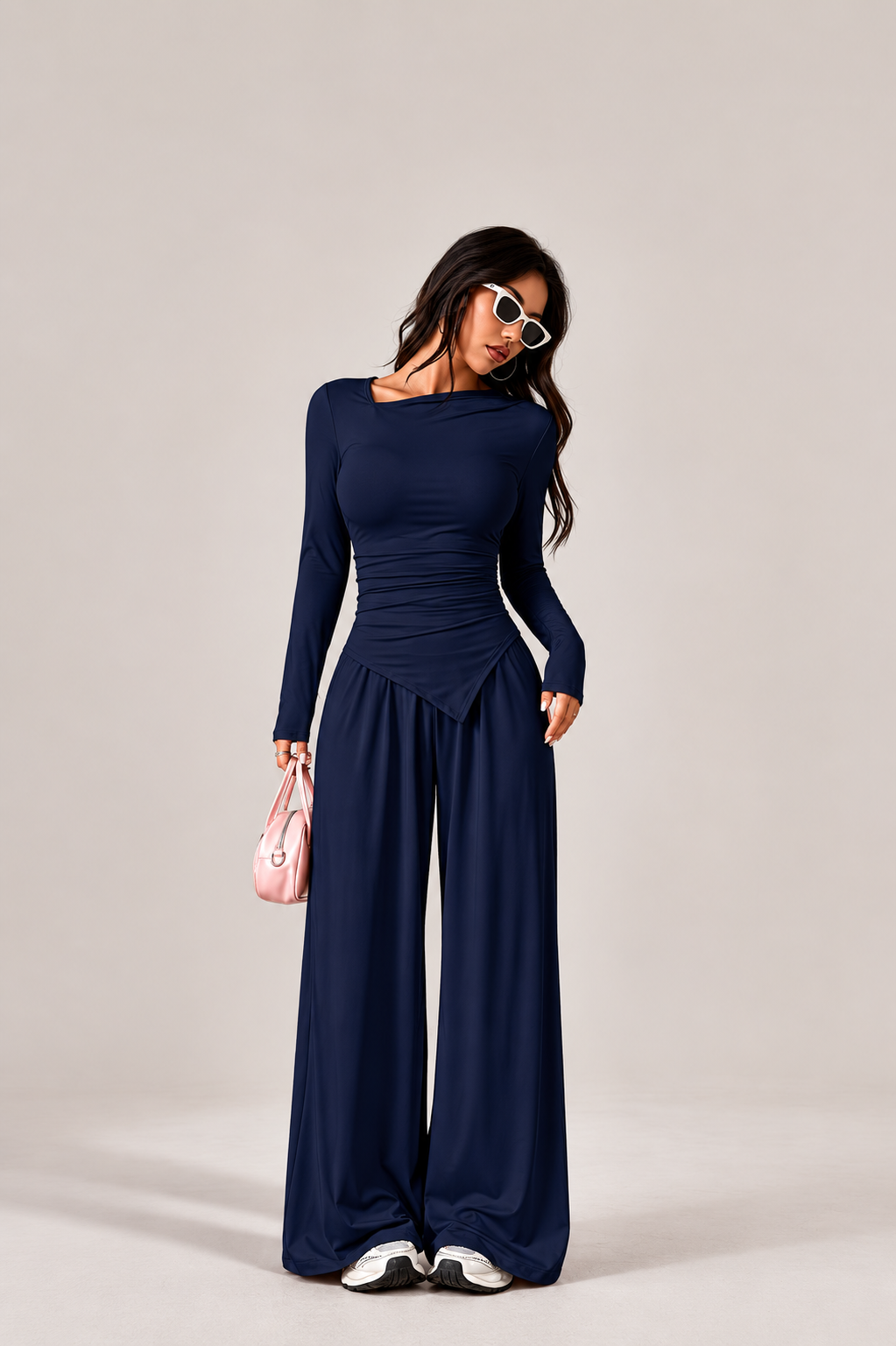 Long Sleeve Asymmetric Top and Wide Leg Pants Set