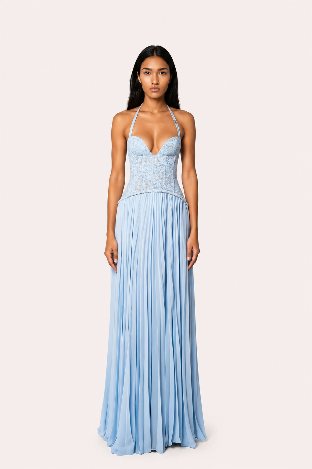 Women’s Halter Neck Lace Bodice Maxi Dress