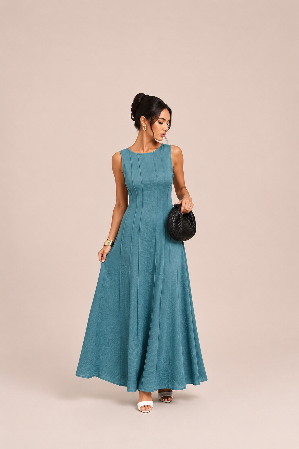 Beige Sleeveless A-Line Maxi Dress with Textured Panel Detail