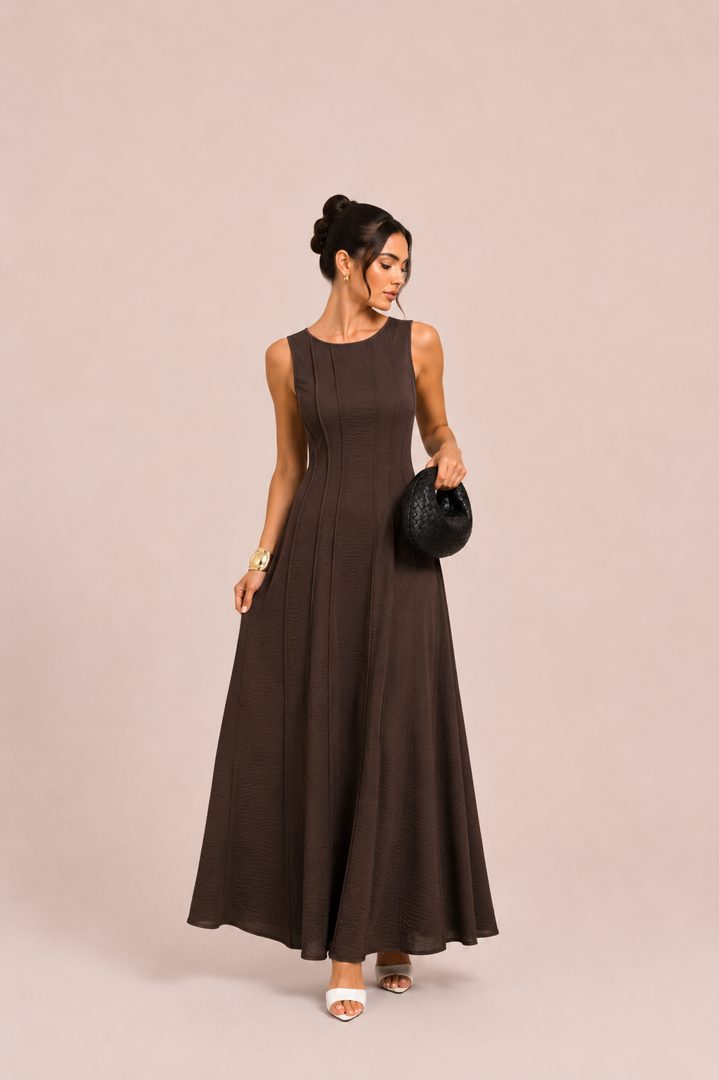 Beige Sleeveless A-Line Maxi Dress with Textured Panel Detail