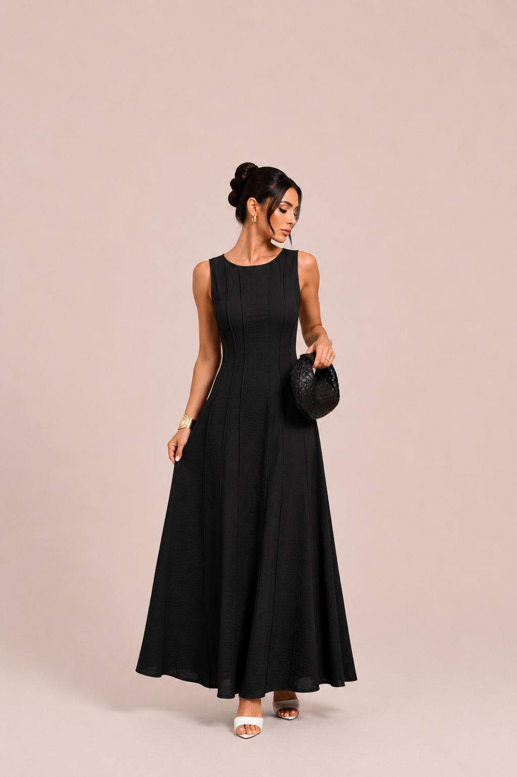 Beige Sleeveless A-Line Maxi Dress with Textured Panel Detail