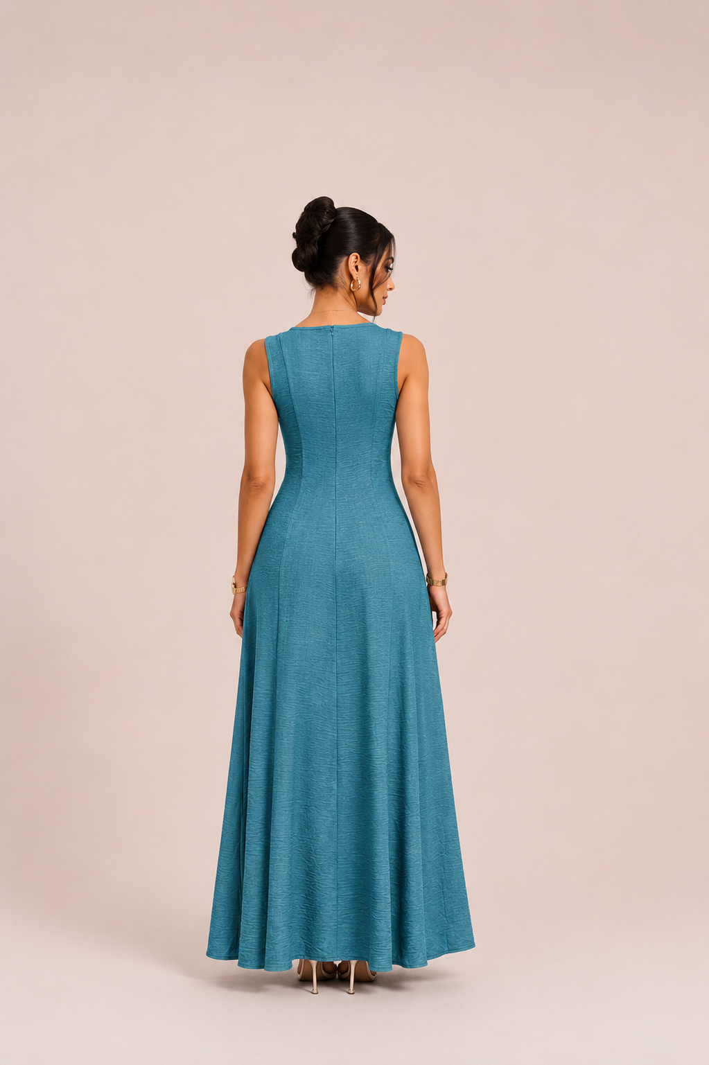 Beige Sleeveless A-Line Maxi Dress with Textured Panel Detail