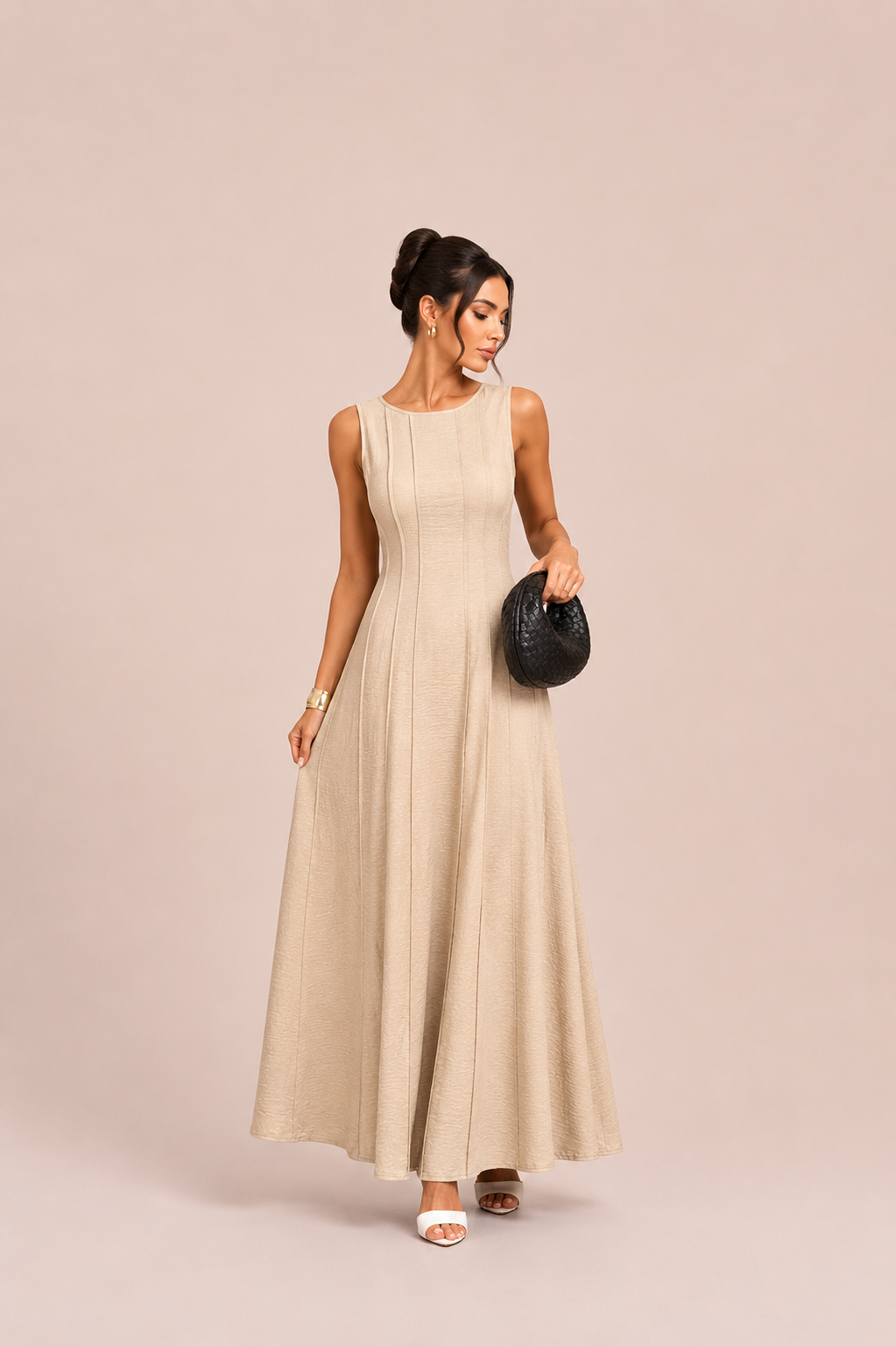 Beige Sleeveless A-Line Maxi Dress with Textured Panel Detail