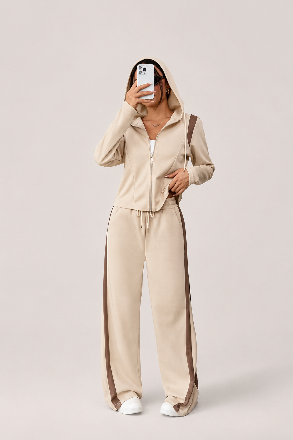 Contrast Stripe Hooded Top and Straight Leg Pants Set