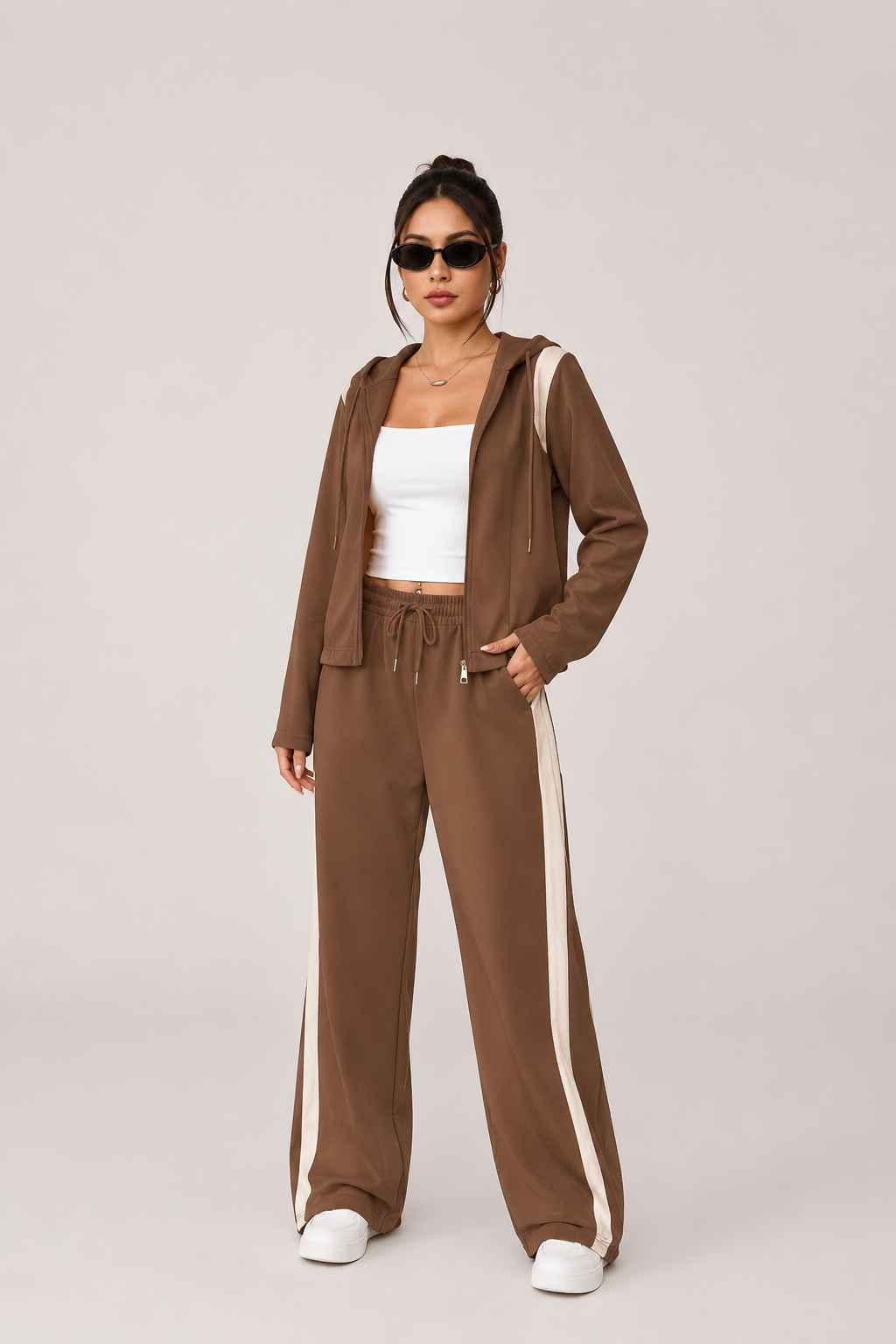 Contrast Stripe Hooded Top and Straight Leg Pants Set