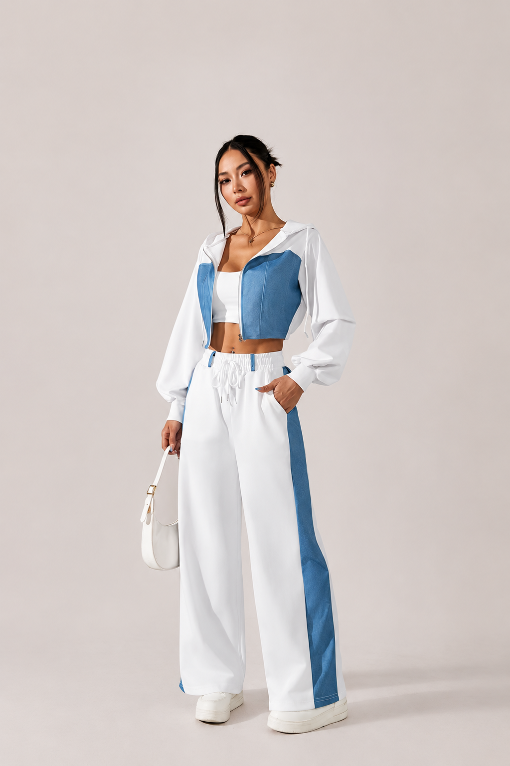 Contrast Zip Hoodie and Wide Leg Pants Set