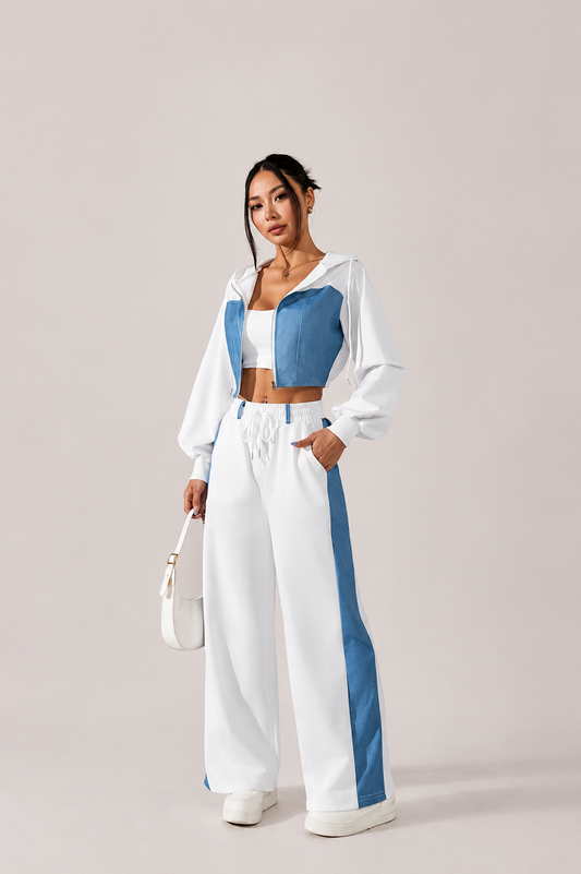 Contrast Zip Hoodie and Wide Leg Pants Set