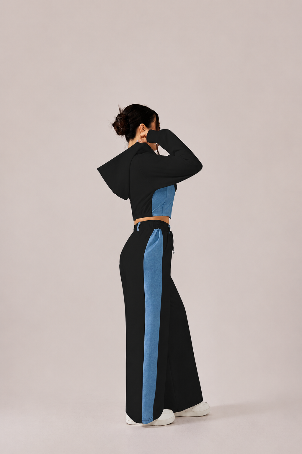 Contrast Zip Hoodie and Wide Leg Pants Set