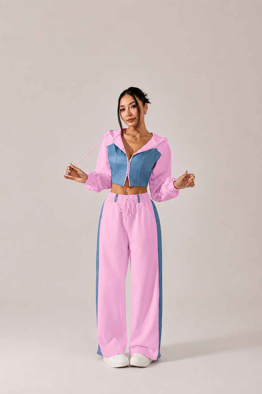 Contrast Zip Hoodie and Wide Leg Pants Set