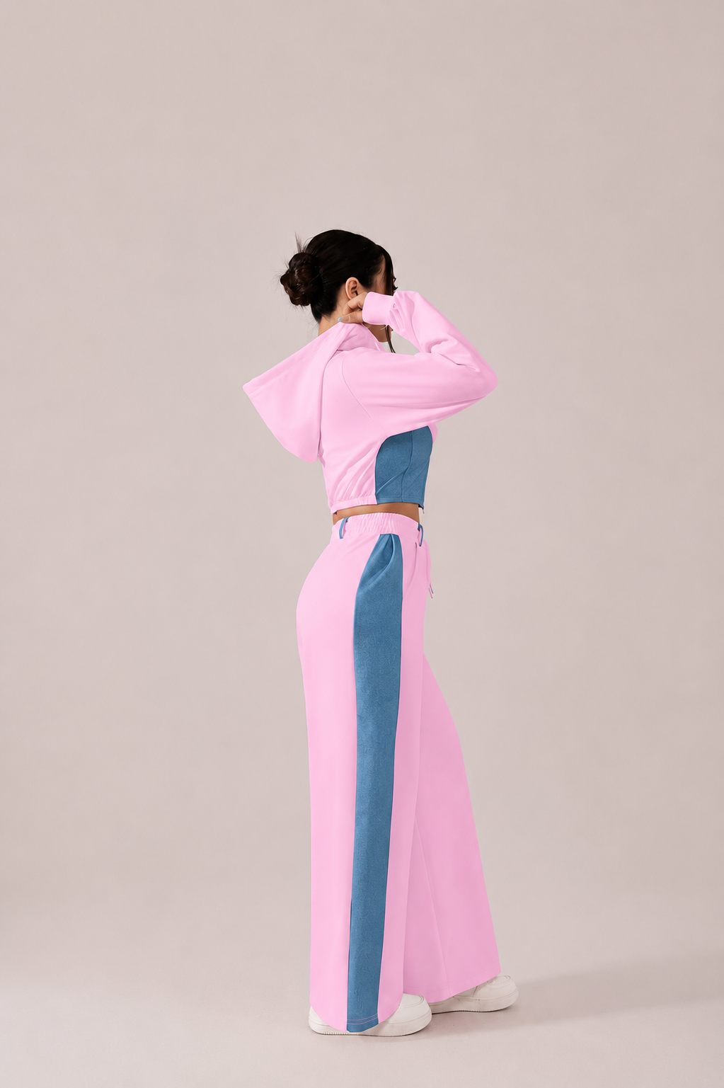 Contrast Zip Hoodie and Wide Leg Pants Set