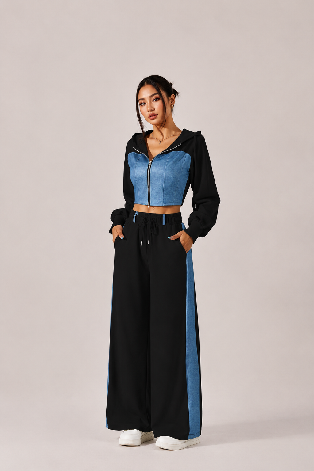 Contrast Zip Hoodie and Wide Leg Pants Set