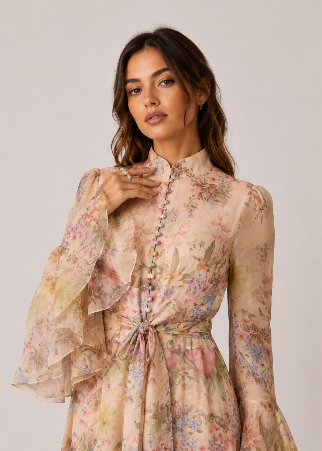 Women’s Floral Tie Waist Flared Sleeve Maxi Dress