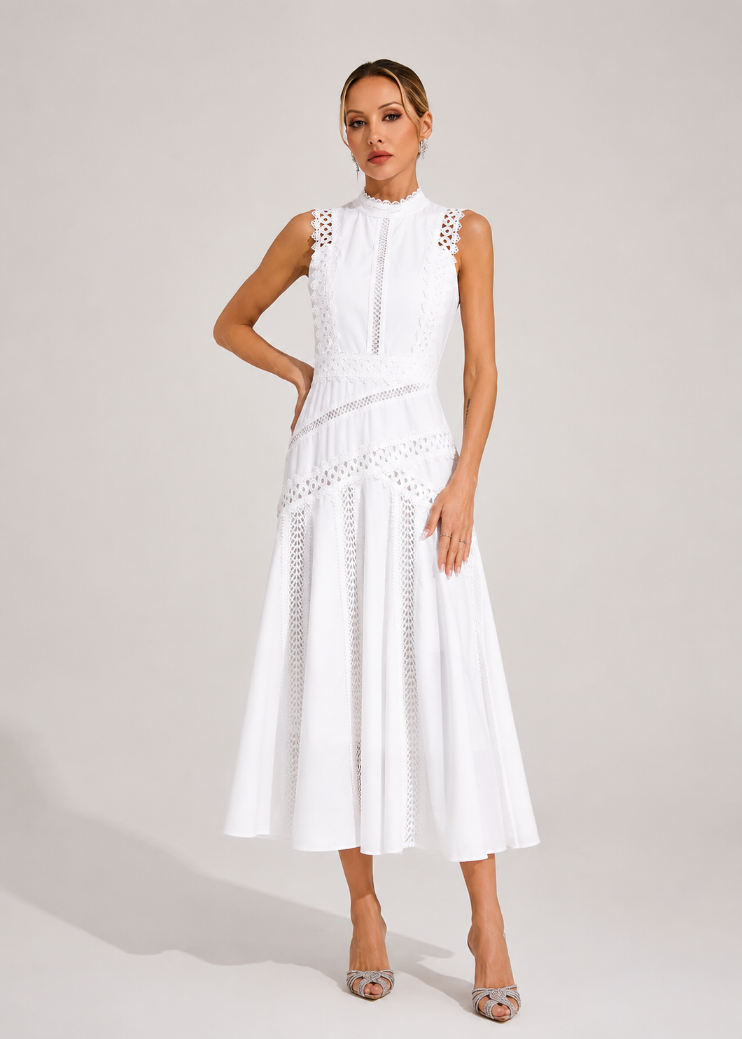Women’s Lace Detail High Neck Midi Dress