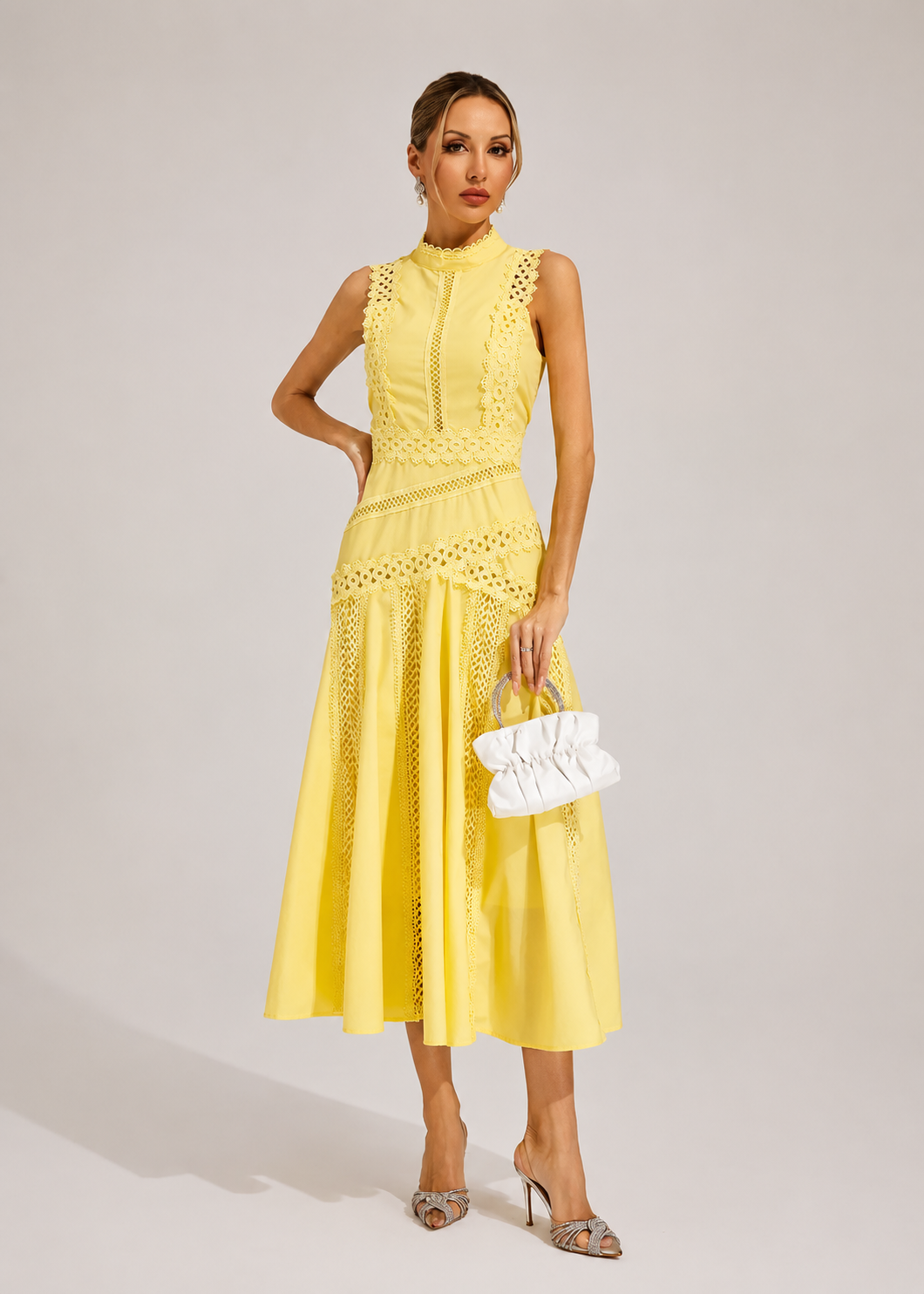 Women’s Lace Detail High Neck Midi Dress