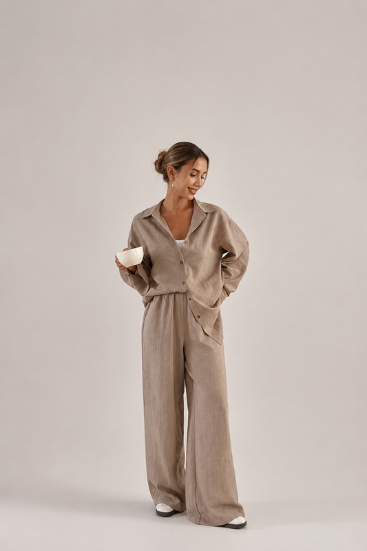 Relaxed Button Shirt and Wide Leg Pants Set