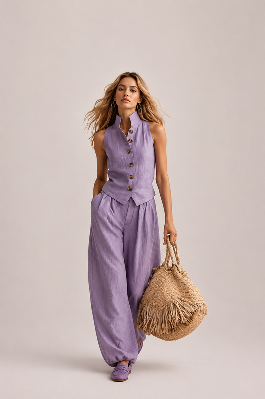 Sleeveless Button Top and Wide Leg Pants Set