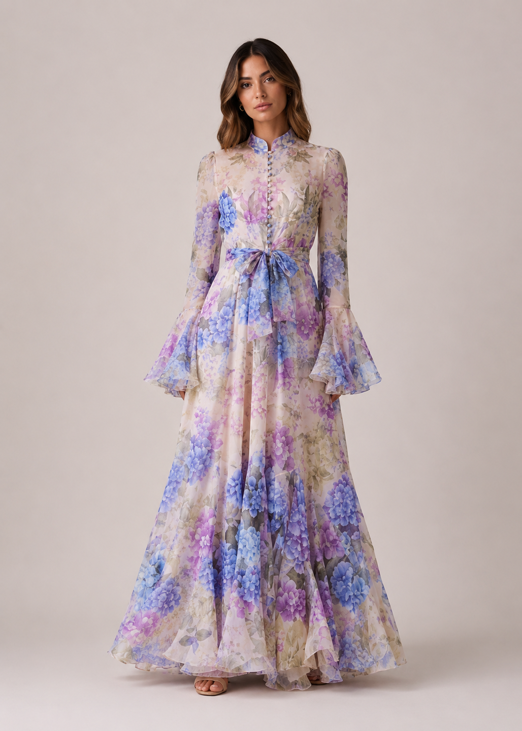 Women’s Floral Tie Waist Flared Sleeve Maxi Dress