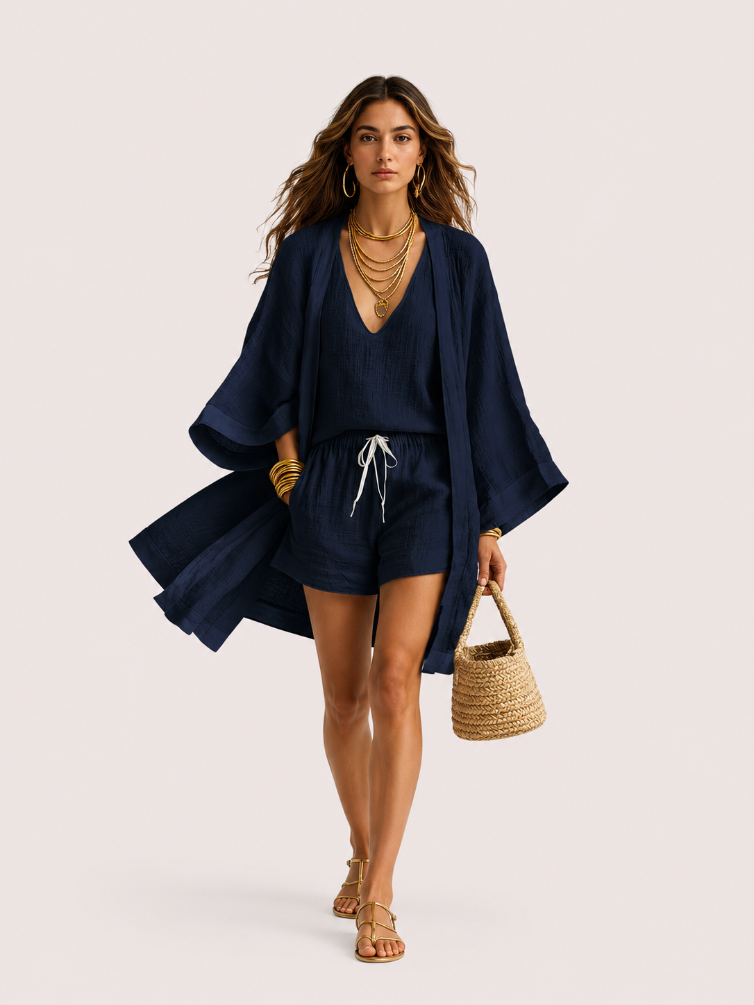 Women's 3 Piece Sleeveless Top and Drawstring Shorts Set