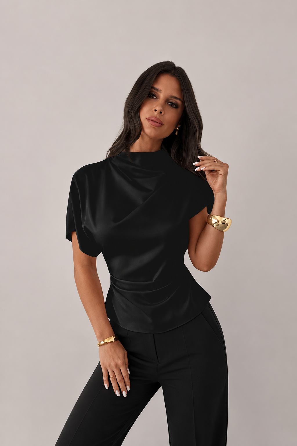 Women’s Asymmetrical Draped Short Sleeve Blouse