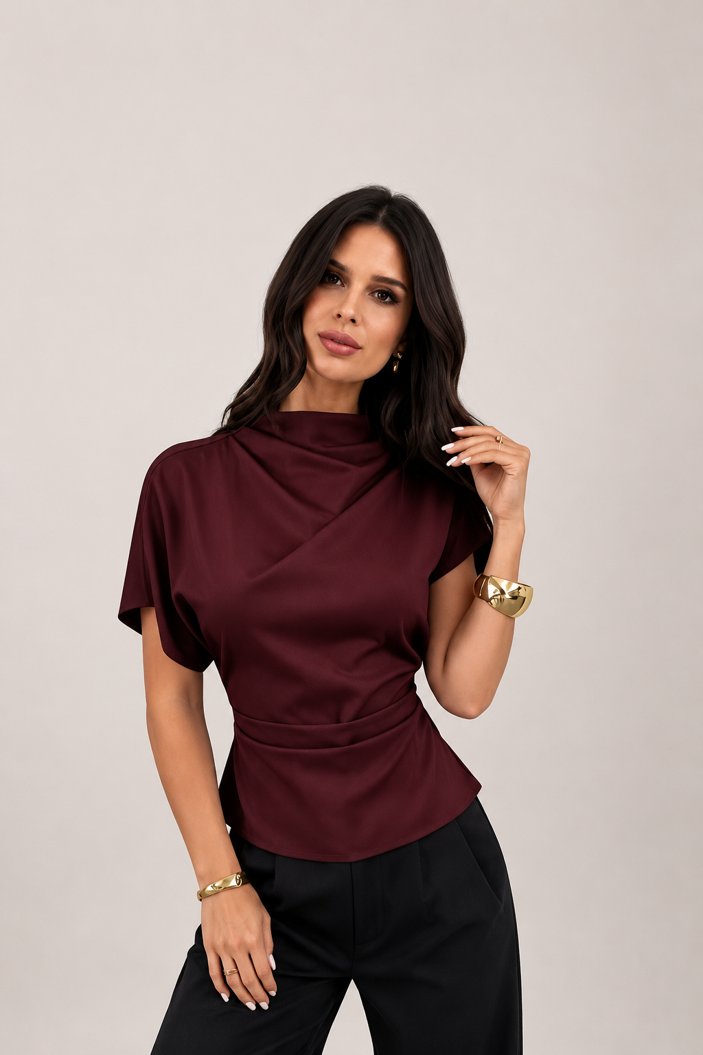 Women’s Asymmetrical Draped Short Sleeve Blouse