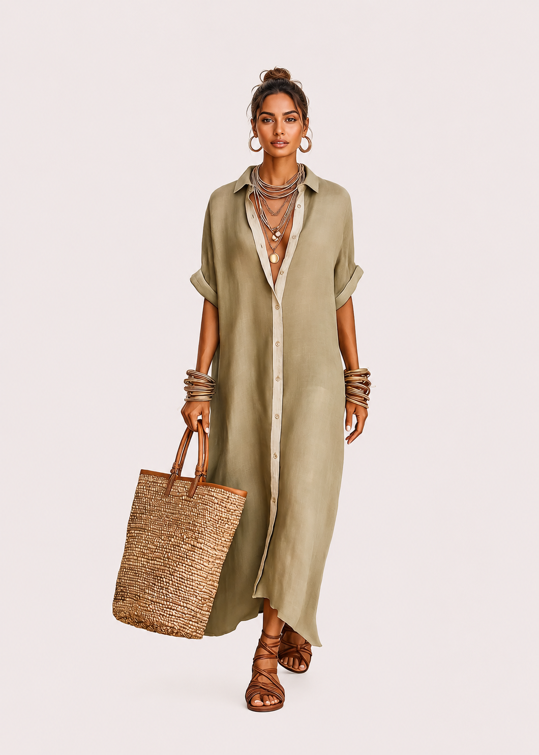 Women's Button-Down Short Sleeve Shirt Maxi Dress