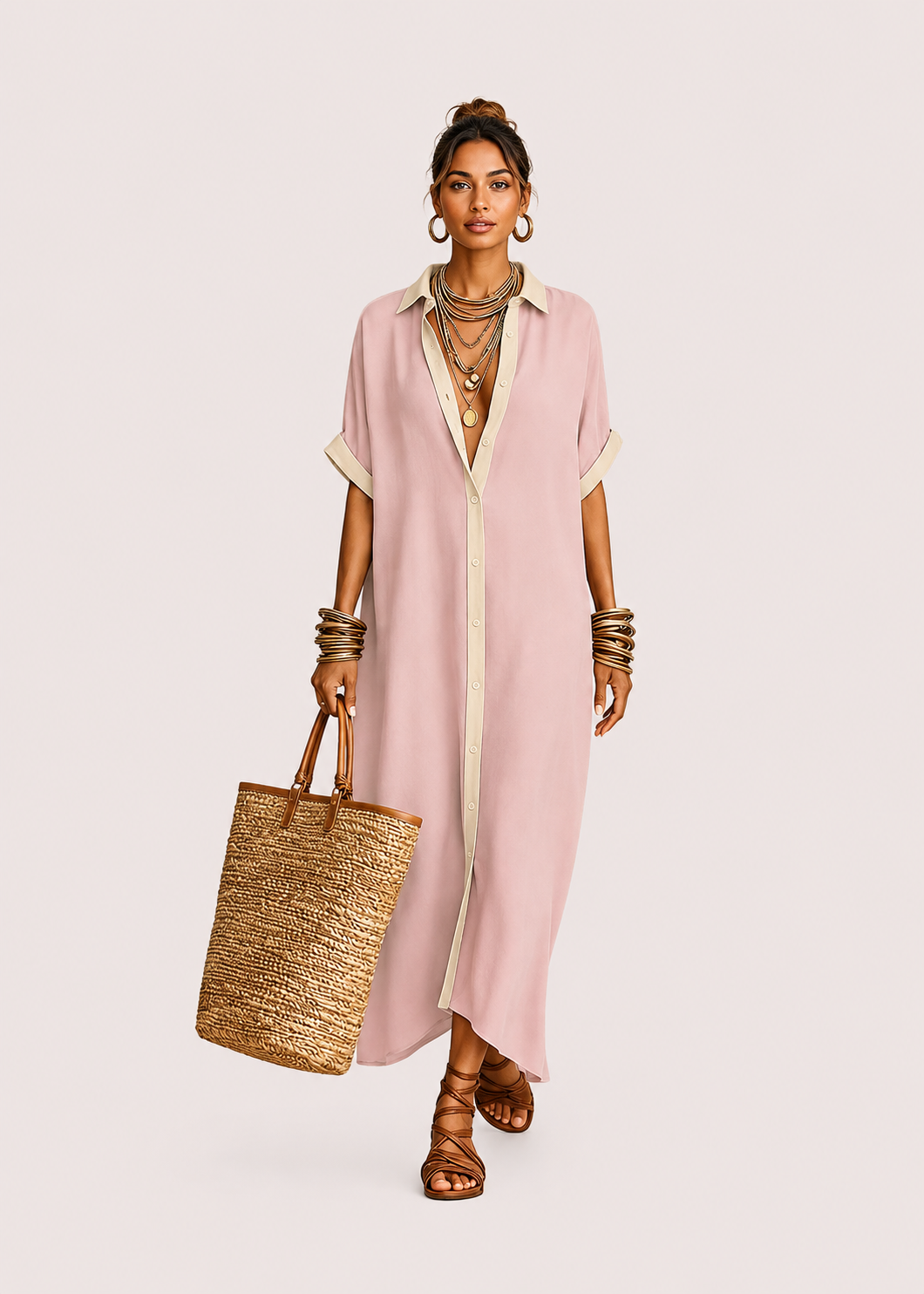 Women's Button-Down Short Sleeve Shirt Maxi Dress