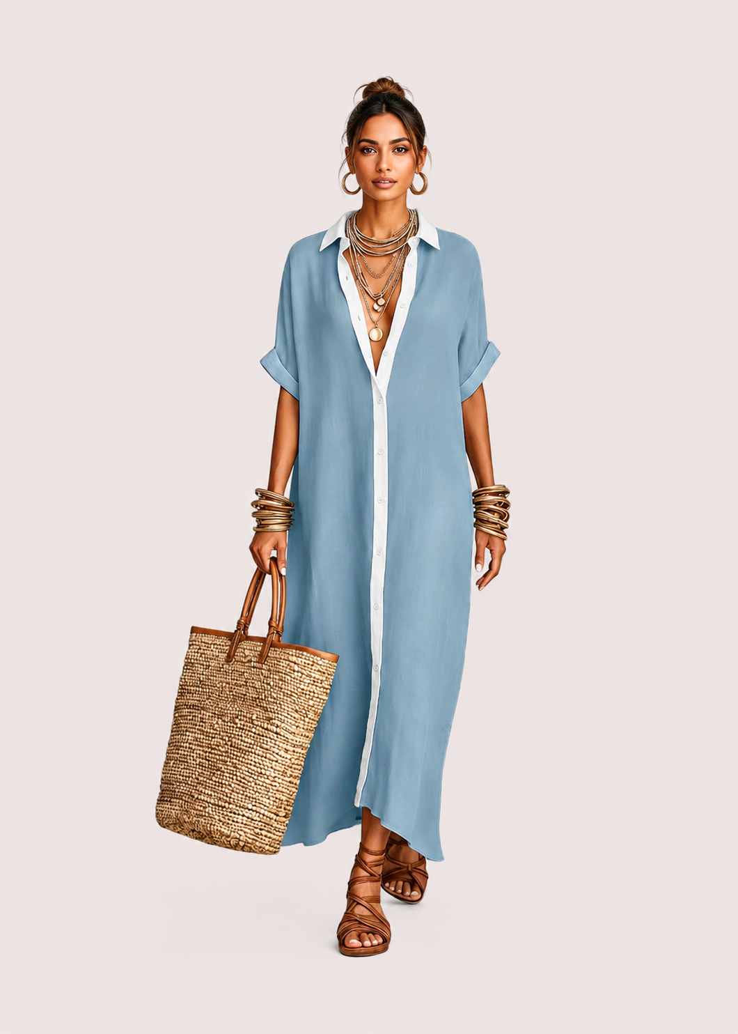 Women's Button-Down Short Sleeve Shirt Maxi Dress
