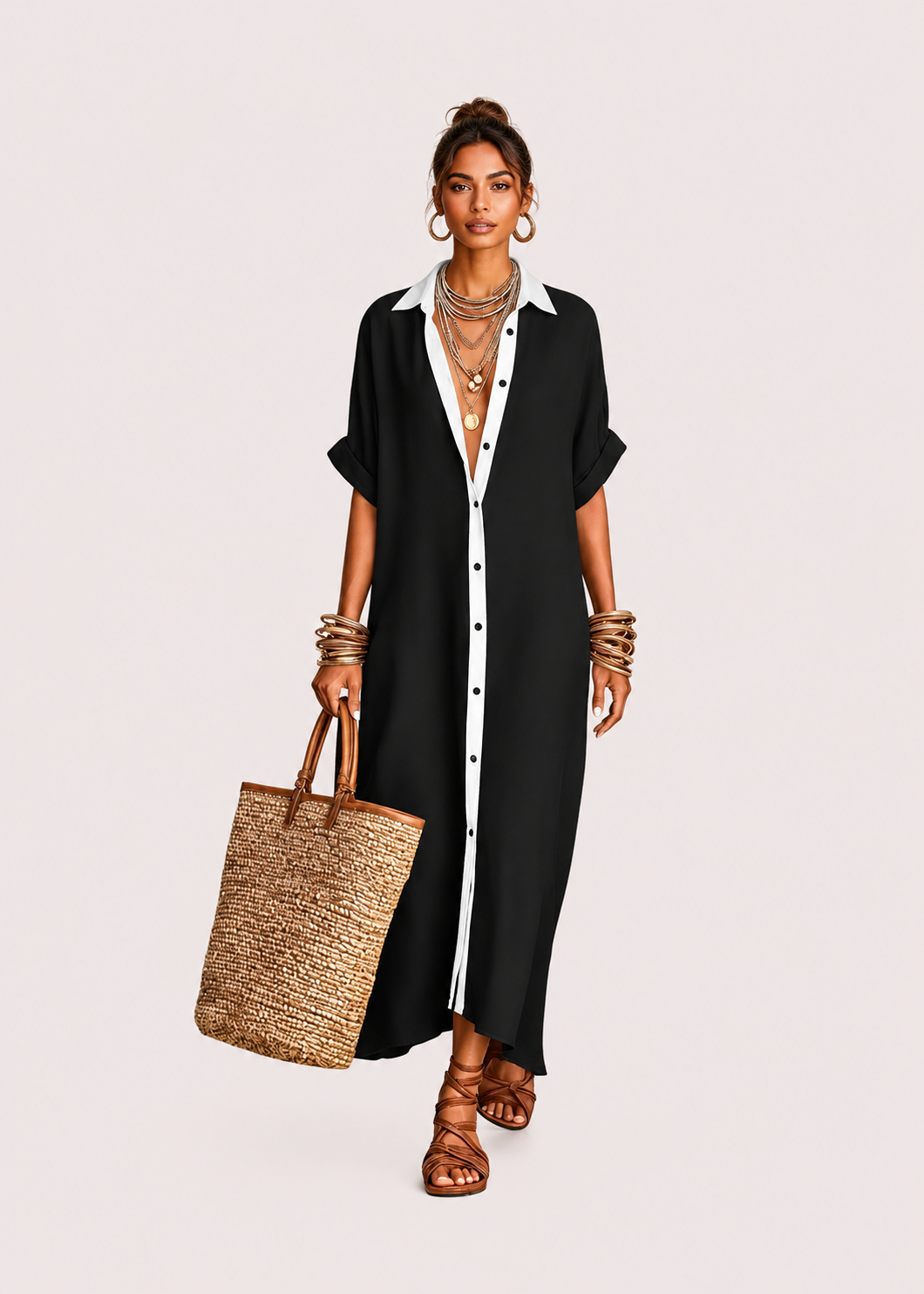 Women's Button-Down Short Sleeve Shirt Maxi Dress