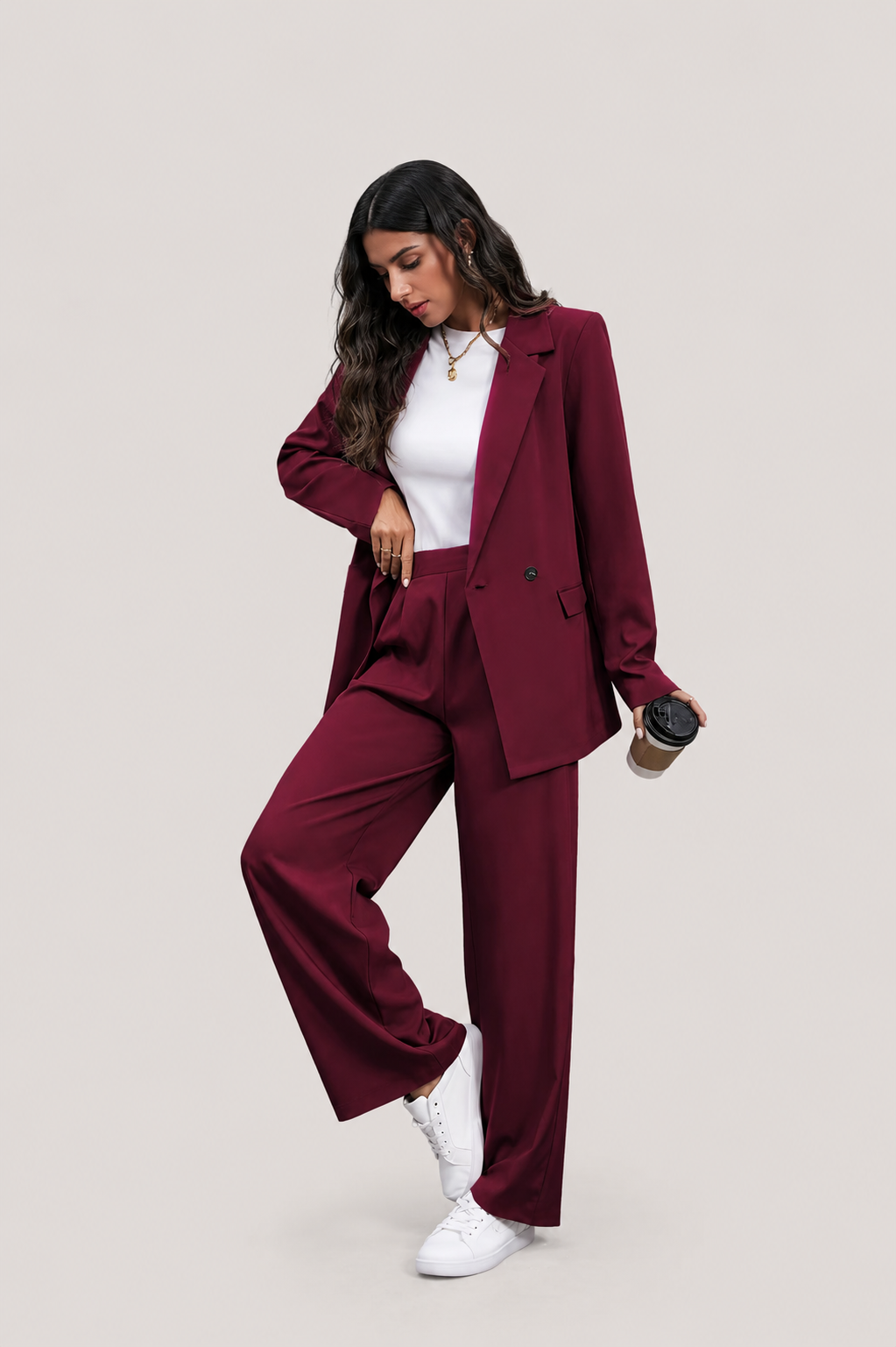 Women’s Double-Breasted Blazer and Wide-Leg Pants Set