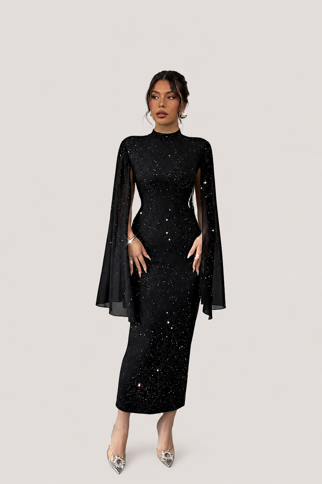 Women’s Glitter Stand Collar Midi Dress