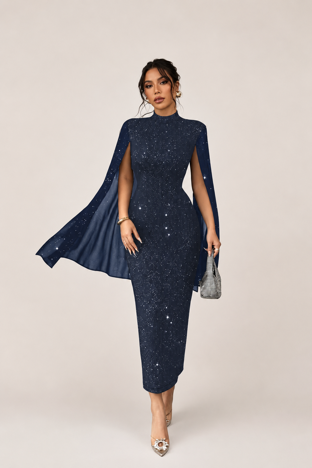 Women’s Glitter Stand Collar Midi Dress