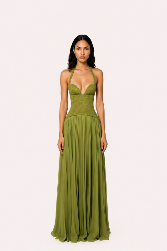 Women’s Halter Neck Lace Bodice Maxi Dress