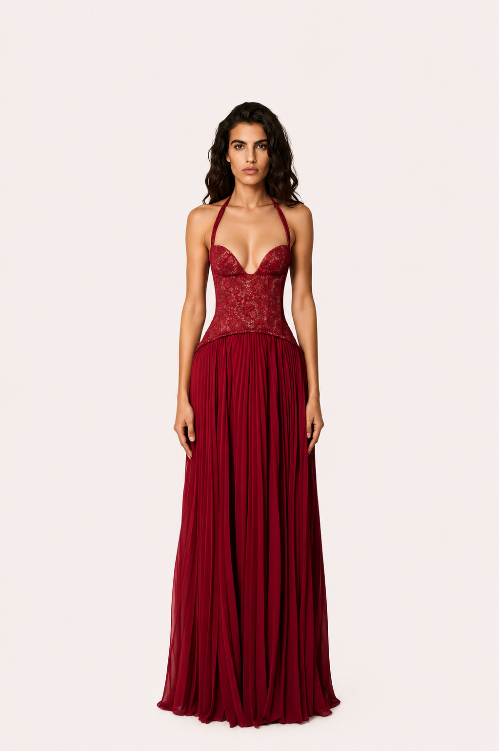Women’s Halter Neck Lace Bodice Maxi Dress